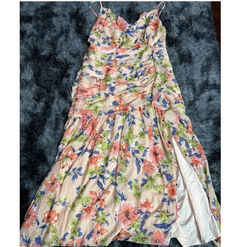 Lulu's Cream and Pink Ruched Midi Sundress